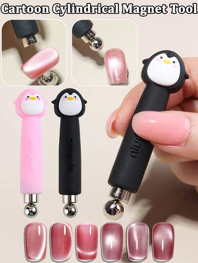 Herramienta magnética de ojo de gato con bola magnética fuerte emparejada con un lindo imán cilíndrico antideslizante de pingüino, esmalte de uñas de gel UV para mujeres y niñas, práctica para principiantes y salón de diseño
