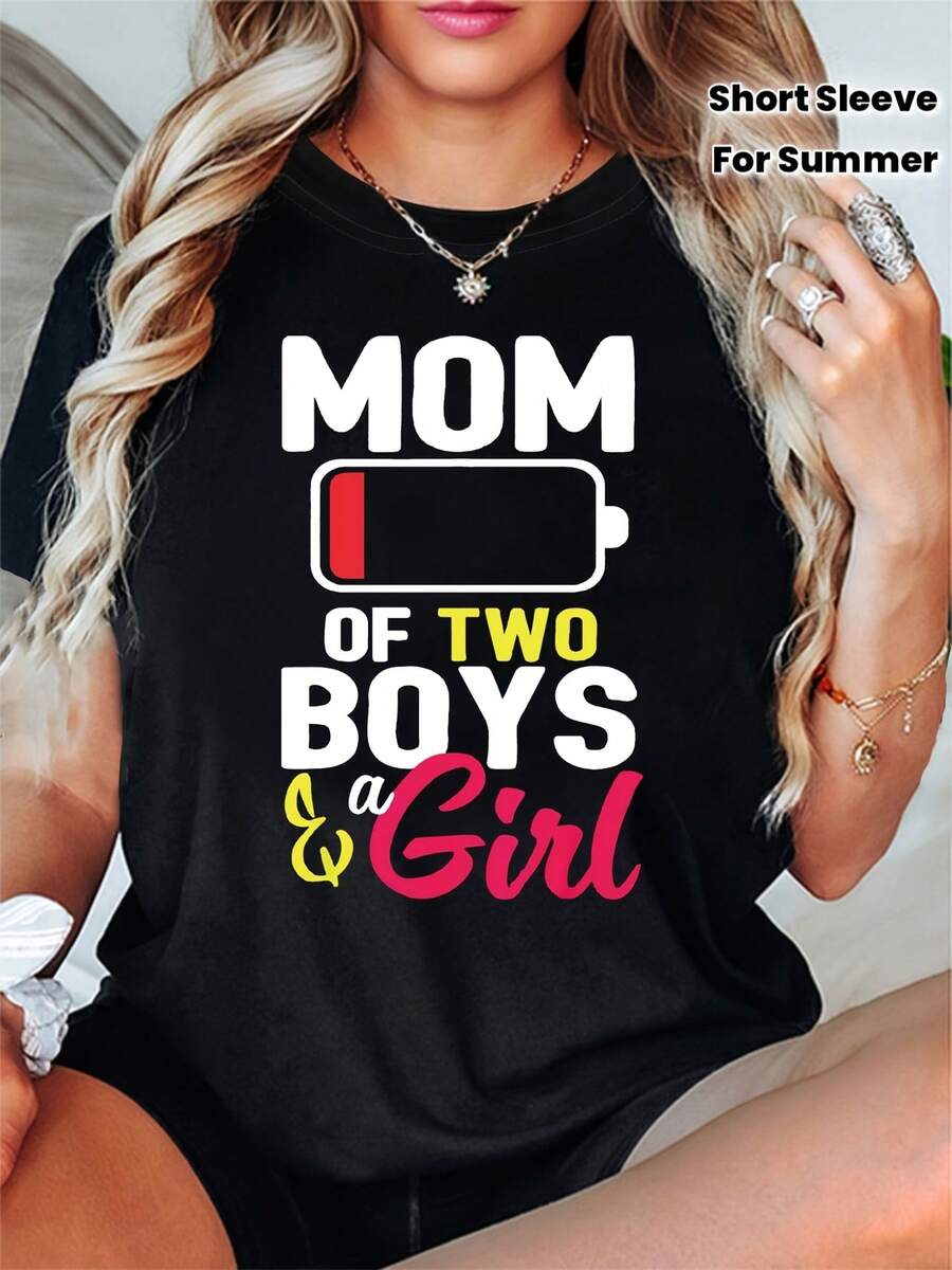 Camiseta Casual de Manga Corta con Cuello Redondo y Estampado de Letras "MOM OF TWO" para Mujer, Ropa de Verano y Primavera - Negro - Ver 1