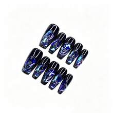 Y2K Galaxy Press On Nails, Long Square Black Base With 3D Blue Iridescent Gem & Glitter Gradient Glossy Punk Reusable Wearable Nails.Cool Grunge Galaxy Press On Nails, Handmade Press On Nails - Black - View 12