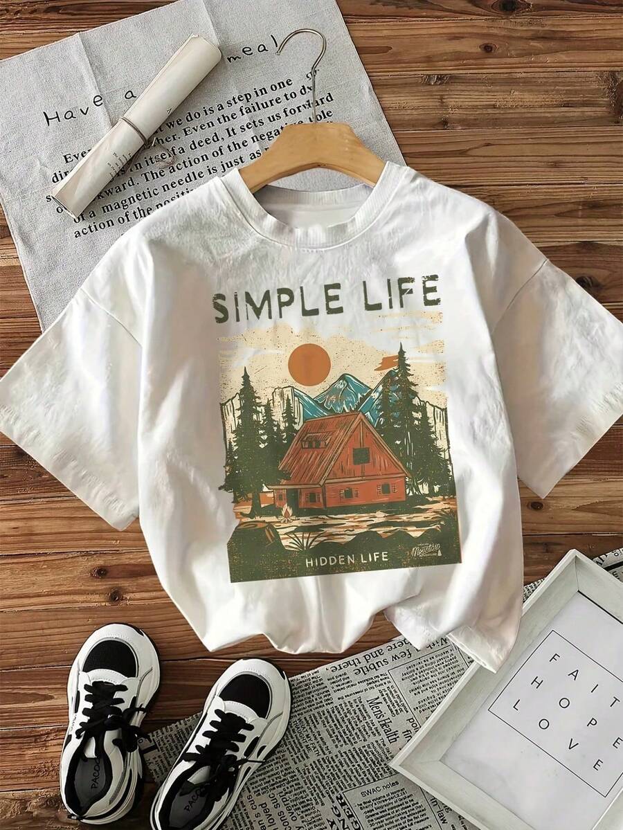 Camiseta con estampado gráfico, top casual de manga corta y cuello redondo para verano y primavera, ropa de mujer - Blanco - Ver 1