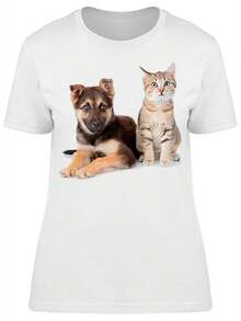 Camiseta de Mujer con Diseño de Gato y Perro Sentados -Imagen de Shutterstock, Talla Mediana para Mujer - Blanco - Ver 5
