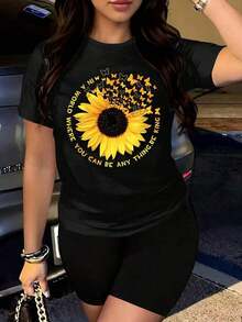 Camiseta de algodón puro para mujer con estampado de girasoles y mariposas, diseño positivo, mangas cortas, cuello redondo de verano, versátil para usar. - negro - Ver 6