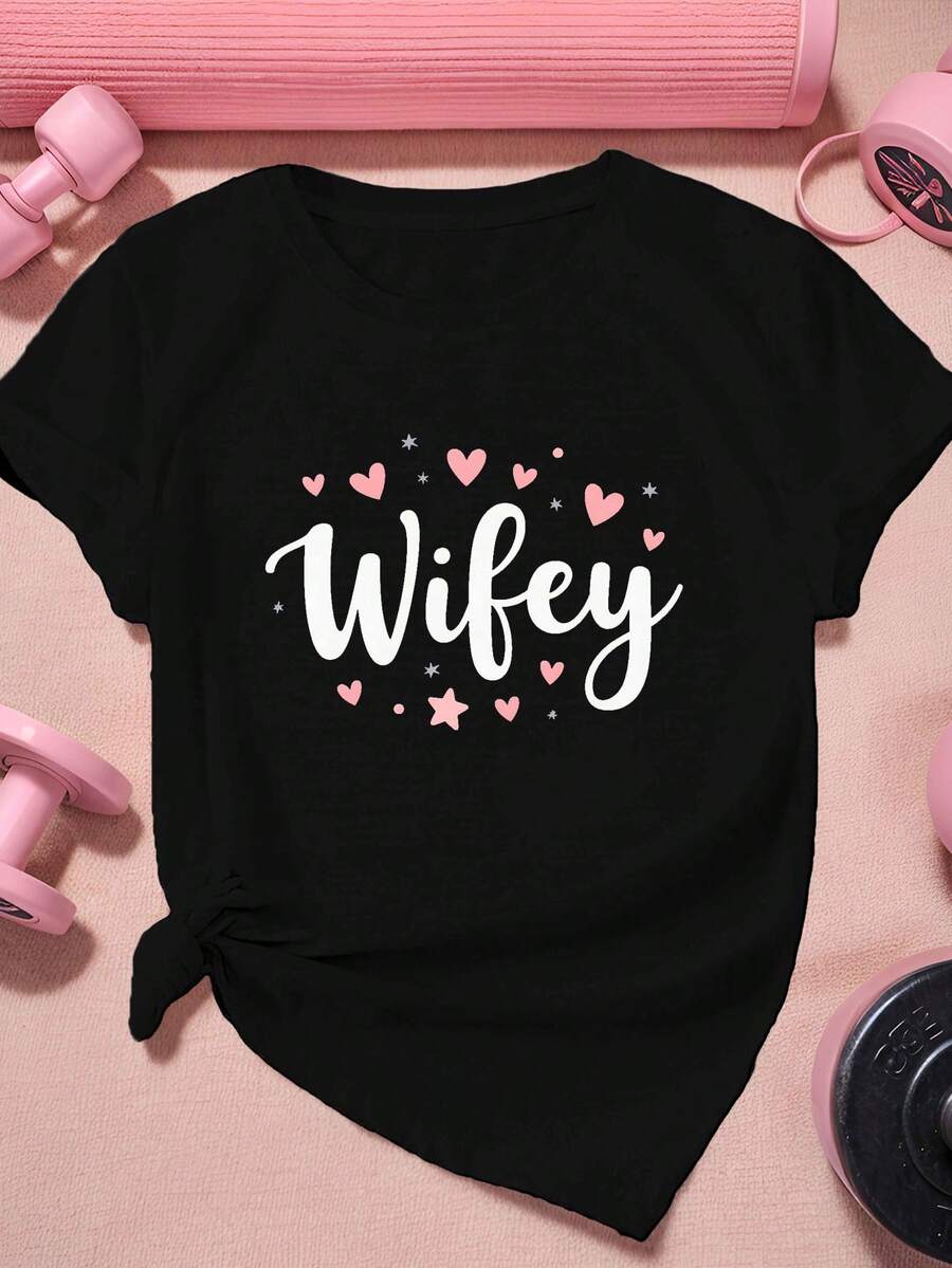 1 pieza Camiseta Deportiva de Manga Corta para Mujer Talla Grande con Diseño de Corazón y Estrella, 180g, 100% Algodón - Negro - Ver 1