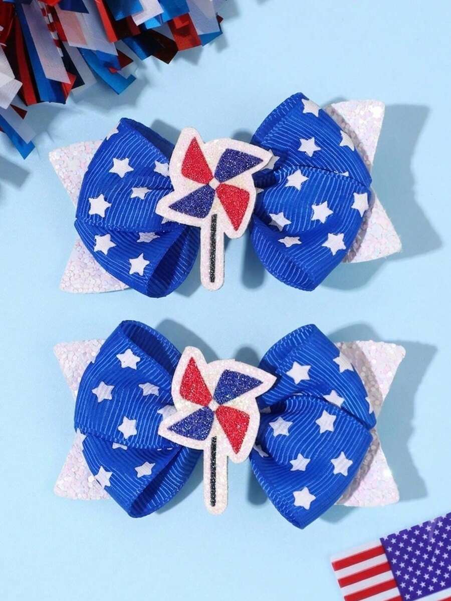 2pcs/Set Independence Day Star Print Hair Clips, Blue Bow Hair Clips With Shiny Sequin Windmill Decor, Patriotic Hair Accessories Suitable For Fashion Girls And Teenagers - Multicolor - View 1
