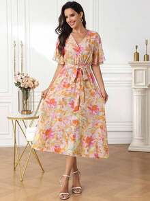 Vestido casual de vacaciones con estampado de plantas y manga corta para mujer - Multicolor 2 - Ver 5
