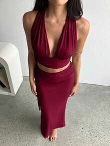 Conjunto de 2 piezas de vestido con escote en V profundo, espalda con pliegues y detalle elegante y sexy, color olivo, conjunto de verano para vacaciones en la playa para mujeres - Burdeos - Ver 5