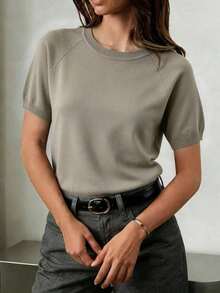 Camiseta básica de punto de manga corta casual para mujer, negro de verano - Caqui - Ver 2