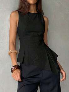 Blusa sin mangas asimétrica color caqui - Negro - Ver 5