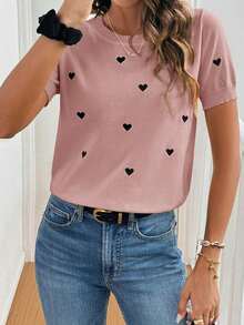Jersey de cuello redondo de manga corta con diseño de corazón de punto para mujer, minimalista y de moda - Rosa - Ver 4