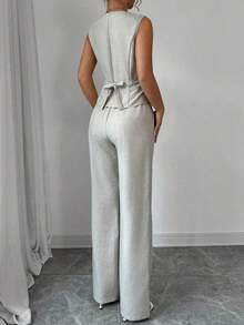 Traje de oficina elegante y estiloso para mujer con chaleco sin mangas de cuello en V con diseño de lazo en la cintura y pantalón recto de unicolor - Albaricoque - Ver 2