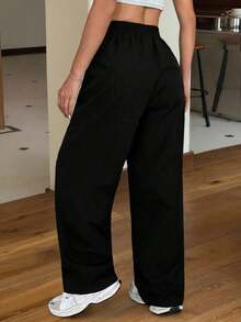 Pantalones rectos y sueltos de pierna ancha de color negro con estampado tipo zhanga para vacaciones de primavera y verano - Negro 2 - Ver 2