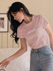 Camiseta casual de manga corta con cuello redondo, estampado de letras en azul cielo, para primavera/verano - Rosa - Ver 6