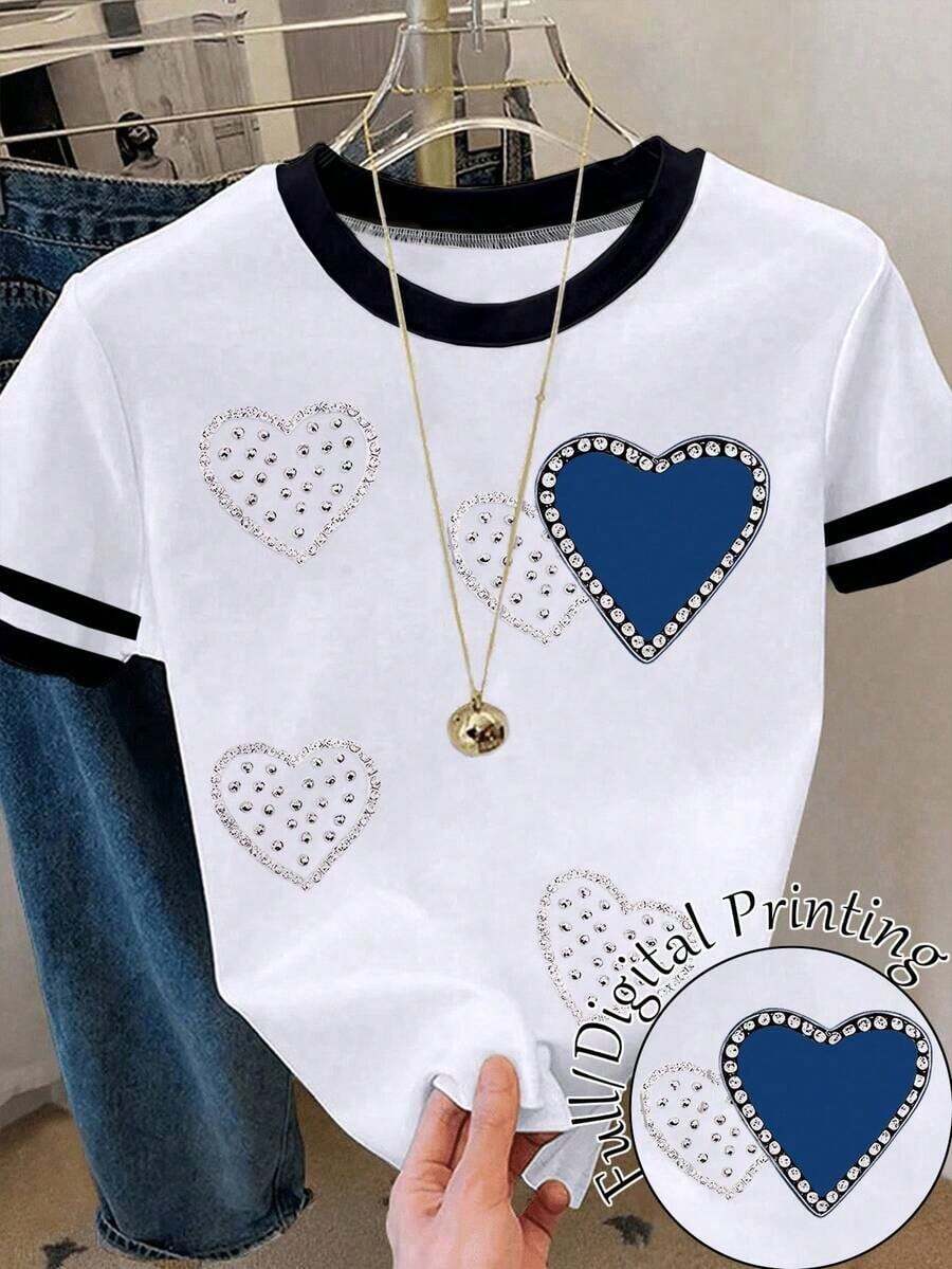Camiseta de manga corta con cuello redondo, versátil y casual para mujer de , adecuada para el Día de San Valentín. - Multicolor 3 - Ver 1