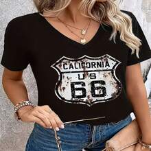 Camiseta de manga corta de algodón negro con cuello en V y estampado gráfico de California (EE. UU., talla 66). Corte casual y ajuste regular para mujer. - Negro - Ver 1