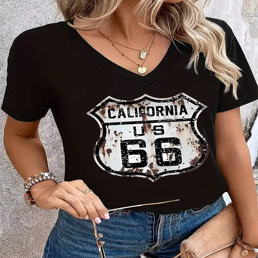 Camiseta de manga corta de algodón negro con cuello en V y estampado gráfico de California (EE. UU., talla 66). Corte casual y ajuste regular para mujer. - Negro - Ver 1