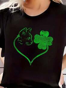 100% cotton Camiseta 100% algodón con estampado de silueta de gato y trébol para el Día de San Patricio, para amantes de gatitos, camiseta casual de manga corta, top con cuello redondo para mujer, camisetas gráficas para mujer. - Negro - Ver 6