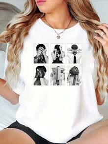 A 2x3 Grid Puzzle-Pattern Tee, Centered On Abstinence And A "Salt-Style" Boyfriend Aesthetic, Featuring A Textured Black And White Portrait As Its Central Element, Creating A High-End, Personalized Fashion Statement. This Casual Women's Short-Sleeve Crew Neck Tee Is Made From A Soft Polyester Blend, Has A Relaxed Fit, And Is A Must-Have For Spring And Summer Fashion. - 白色 - 查看 7