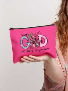 1pc Christian Floral Print Makeup Bag, With God All Things Are Possible Quote Cosmetic Pouch,Available In 6 Colors, Portable Toiletry Organizer For Travel, An Ideal Gift For Back-To-School Season, Christmas, Birthdays, Mother's Day, And Travel Essentials Lovers. - Multicolor - View 3