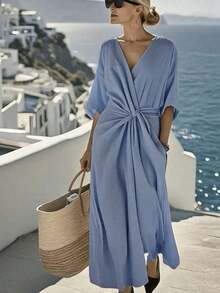 Holidaya Vestido largo con cuello en V, manga corta, cintura elástica y nudo retorcido, adecuado para primavera, verano, otoño e invierno, apropiado para ir al trabajo, uso diario, elegante, fiesta, playa, romántico, Día de San Valentín, graduación, moda, casual, negocios, oficina, versátil - Azul - Ver 1