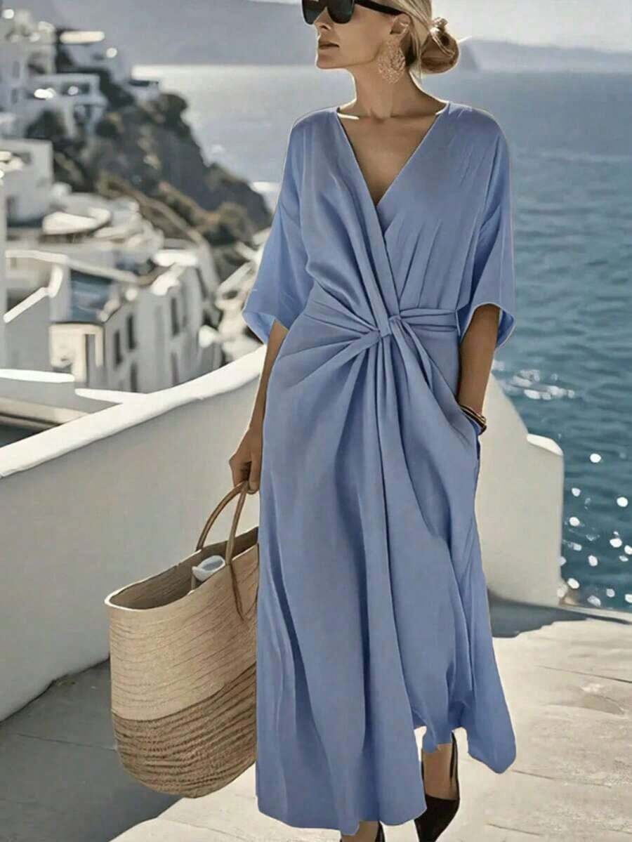 Holidaya Vestido largo con cuello en V, manga corta, cintura elástica y nudo retorcido, adecuado para primavera, verano, otoño e invierno, apropiado para ir al trabajo, uso diario, elegante, fiesta, playa, romántico, Día de San Valentín, graduación, moda, casual, negocios, oficina, versátil - Azul - Ver 1