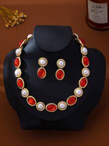 3pcs Set Fashionable Luxurious Acrylic Pearl Gemstone Pendant Necklace & Earrings Jewelry Set, Suitable For Women's Daily, Party, Holiday Wear - Red - View 2