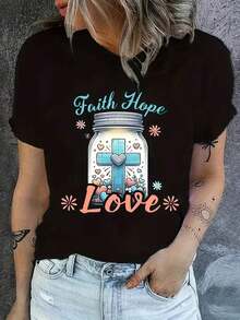 Camiseta cristiana para mujer "Fe, Esperanza, Amor" - Camiseta elástica de poliéster/spandex con diseño de cruz en tarro Mason - Negra con letras en verde azulado y rosa - Ropa de iglesia para uso diario - Ropa espiritual lavable a máquina, ropa de iglesia para damas, ropa casual, top inspirador, ajuste cómodo, blusas para mujer - Negro - Ver 7