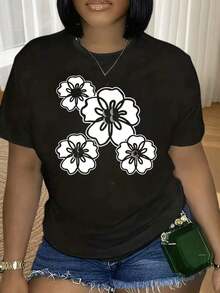 Camiseta Blanca con Estampado Floral de Arte Mexicano para Mujer, Top Casual de Manga Corta, Camiseta Gráfica de Moda, Atuendo de Verano, Regalo para el Día de San Valentín, Camiseta de Algodón para Familia Coordinada - Negro - Ver 1