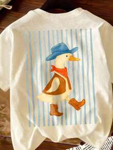 Camiseta de manga corta con estampado de pato de dibujos animados, cuello redondo, corte regular, informal para mujer, 100% algodón, para verano. - Albaricoque - Ver 4