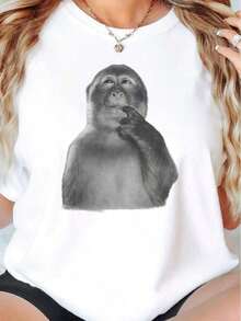 Thinking Monkey Graphic T-Shirt, Funny Animal T-Shirt - Unisex Vintage Urban Style, Loose Fit Cotton Short Sleeve Crew Neck T-Shirt, Women's Blouses. Casual Blouses For Ladies. - 白色 - 查看 1
