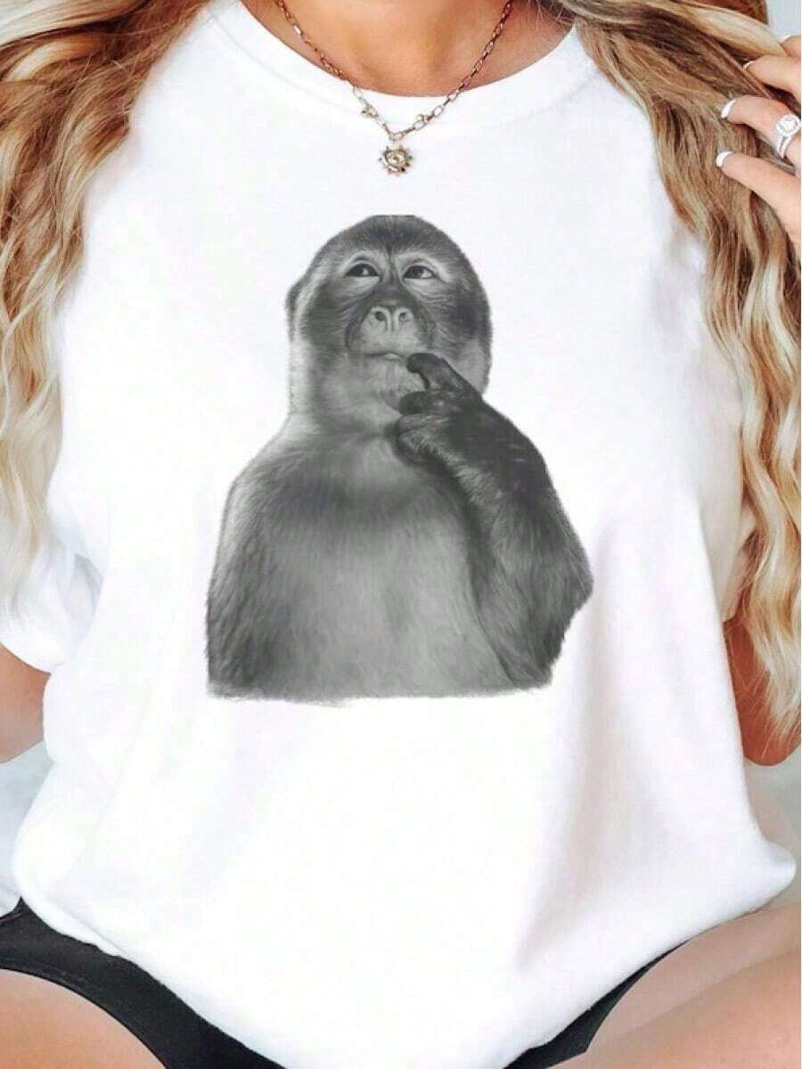 Thinking Monkey Graphic T-Shirt, Funny Animal T-Shirt - Unisex Vintage Urban Style, Loose Fit Cotton Short Sleeve Crew Neck T-Shirt, Women's Blouses. Casual Blouses For Ladies. - 白色 - 查看 1
