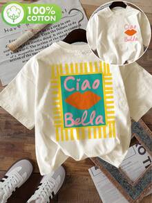 Women's Graphic Print T-Shirts, Short Sleeve Round Neck T-Shirt, Casual Top For Summer And Spring, Women's Clothing, Casual Blouses For Ladies. - 杏色 - 查看 2