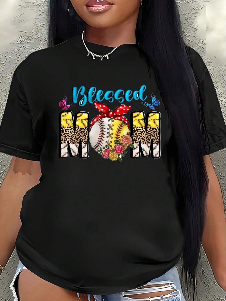 Camiseta de manga corta de poliéster estilo "baseball mom", adecuada para uso casual en casa y al aire libre, diseño cómodo y duradero con estampados de colores.blusa casual mujer - Negro - Ver 1