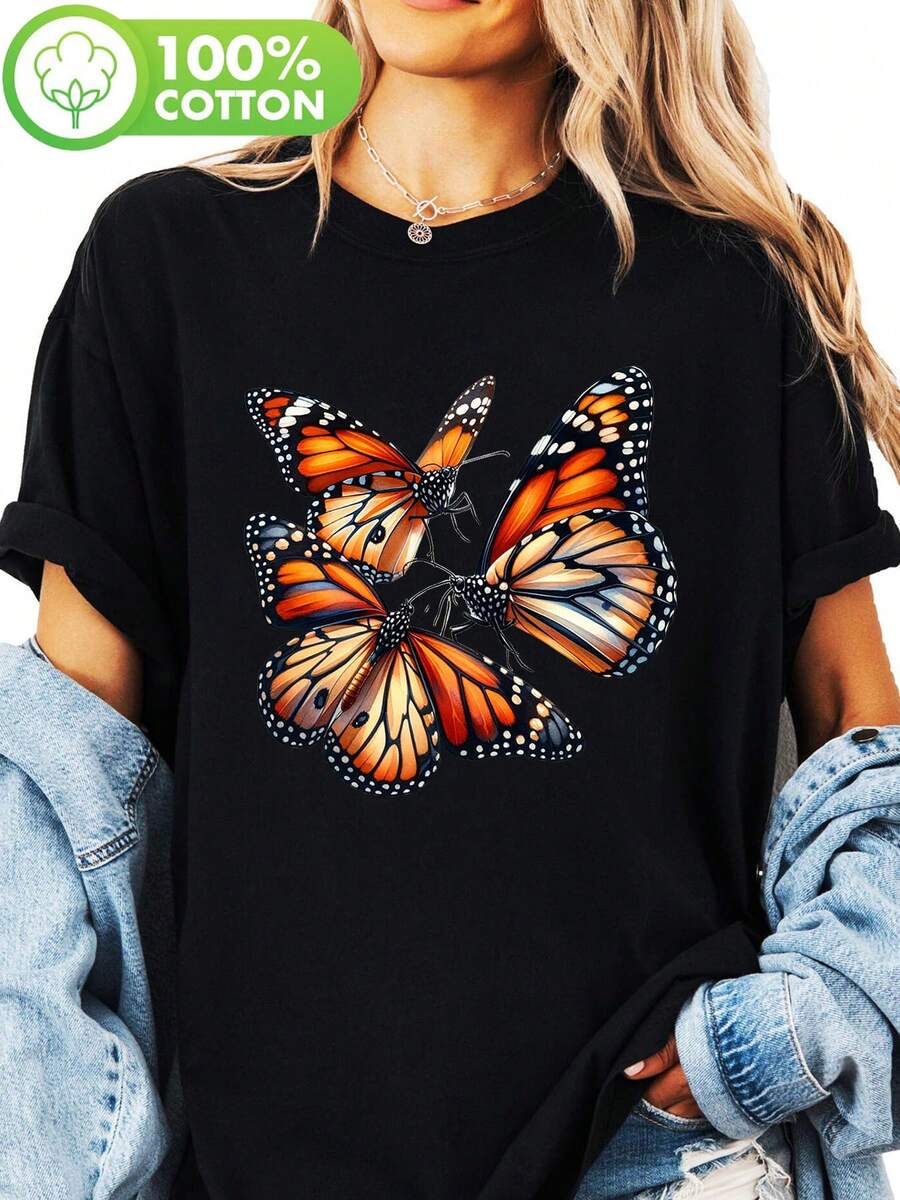 Women's Pure Cotton T-Shirt, Short Sleeve And Round Neck, Casual Style For Summer And Spring, With Monarch Butterfly Print. - 黑色 - 查看 1
