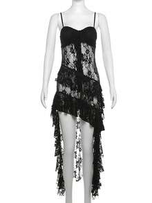 YeonC Solid Color Lace Patchwork Sheer Ruffle Hem Sexy Camisole Dress - Black - View 9