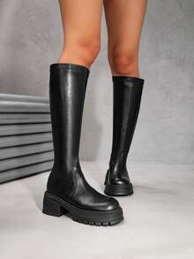 Black Thick Sole Over-The-Knee Boots For Women, Elastic Skinny Straight Shaft Riding Boots, Autumn/Winter Versatile Chunky Heel Tall Boots - Black - View 2