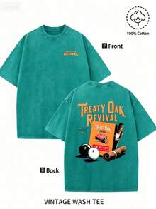 Men'S Bold "TREATY OAK REVIVAL" Print T-Shirt, Casual Round Neck Short Sleeve, 230g Washed Cotton, Summer High Quality Casual Sportswear, - 湖綠色 - 查看 1