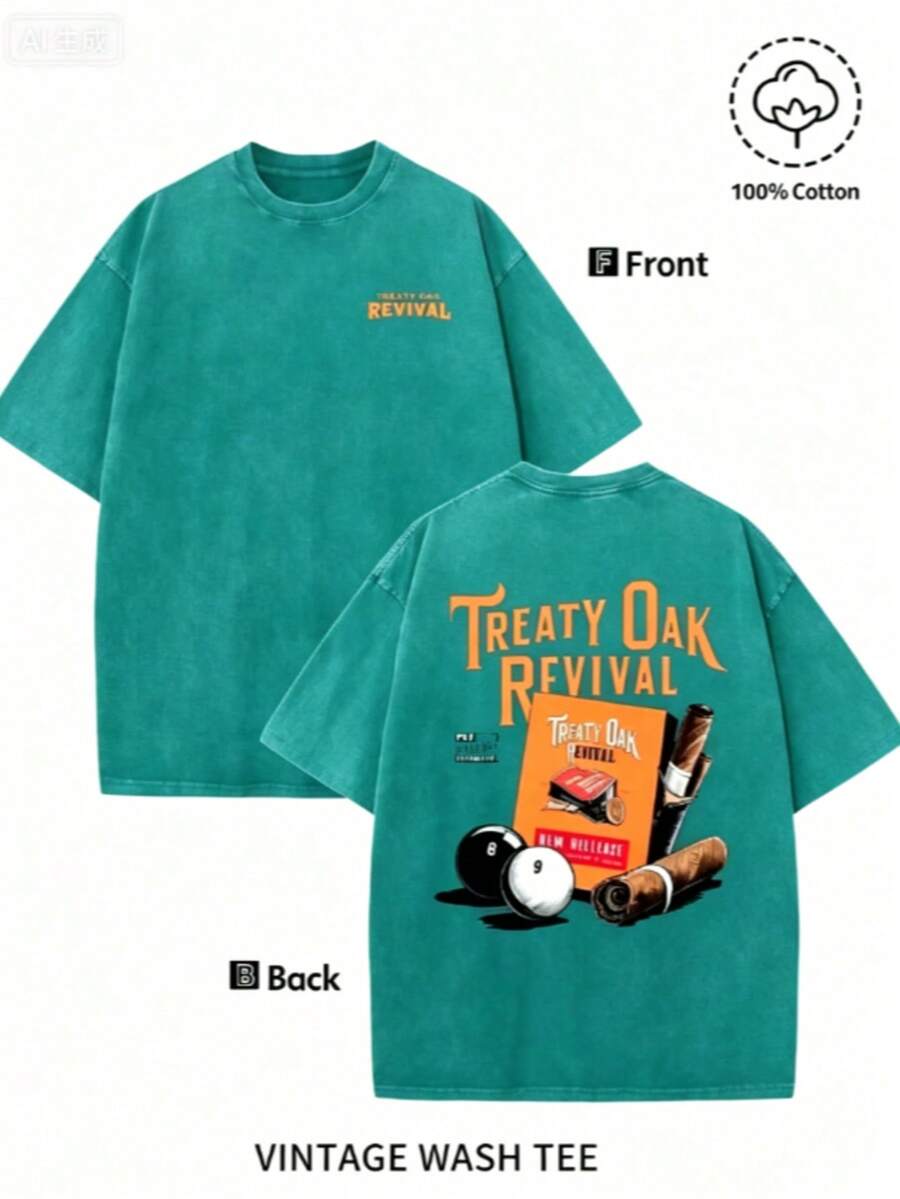 Men'S Bold "TREATY OAK REVIVAL" Print T-Shirt, Casual Round Neck Short Sleeve, 230g Washed Cotton, Summer High Quality Casual Sportswear, - 湖綠色 - 查看 1