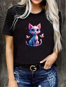 T-shirt única con diseño de gato encantador y mariposas vibrantes estilo y2k ideal para amantes de los felinos y la moda juvenil en México perfecta para cualquier ocasión y resalta tu personalidad divertida y moderna - Negro - Ver 8