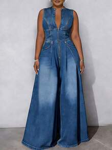GOLURI Women's Blue Denim Wide-Leg Jumpsuit - Sleeveless Front Zip High Waist Floor-Length Casual Urban Streetwear Outfit - 藍色 - 查看 4