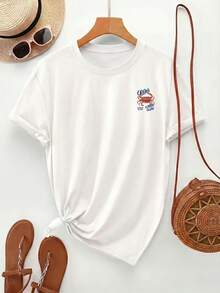 [Impresión a doble cara] Camiseta de mujer, top casual de manga corta y cuello redondo, con estampado de cangrejo rojo y texto azul "CRAB LOVER CLUB", tela transpirable y lavable a máquina, - Blanco - Ver 3