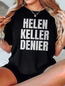 Camiseta de Mujer Casual de Cuello Redondo y Manga Corta, Opciones en Blanco, Camiseta Gráfica con Estampado HELEN KELLER DENIER, Camisetas de Uso Diario de Verano, Tops de Verano, Camisetas Gráficas, Conjuntos de Verano, Camisetas Cortas de Mujer, Tops de Mujer, Ropa Vintage de Algodón, Ropa Bonita para Mujer, Playeras de Mujer - Negro - Ver 1