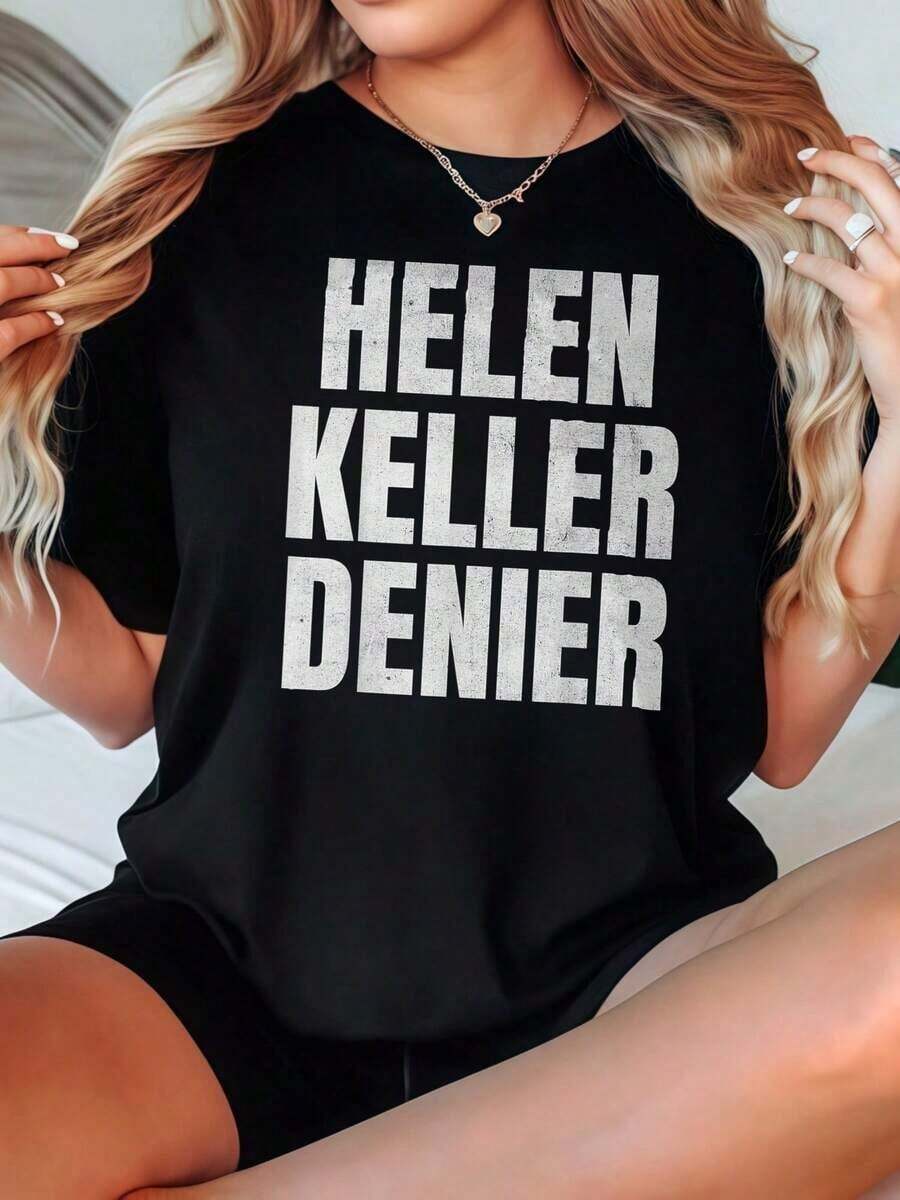 Camiseta de Mujer Casual de Cuello Redondo y Manga Corta, Opciones en Blanco, Camiseta Gráfica con Estampado HELEN KELLER DENIER, Camisetas de Uso Diario de Verano, Tops de Verano, Camisetas Gráficas, Conjuntos de Verano, Camisetas Cortas de Mujer, Tops de Mujer, Ropa Vintage de Algodón, Ropa Bonita para Mujer, Playeras de Mujer - Negro - Ver 1