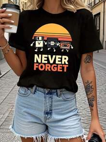 ComfortableCamiseta gráfica vintage para mujer con disco flexible y VHS - Diseño retro de medios que nunca se olvida, camiseta casual de manga corta con ajuste cómodo 100%, lavable a máquina, top para todas las estaciones, ropa casual, ropa de mujer NostFashion All-match Women's Short Sleeve T-shirt, Basic Style for Inner & Outer Wear - Negro - Ver 7