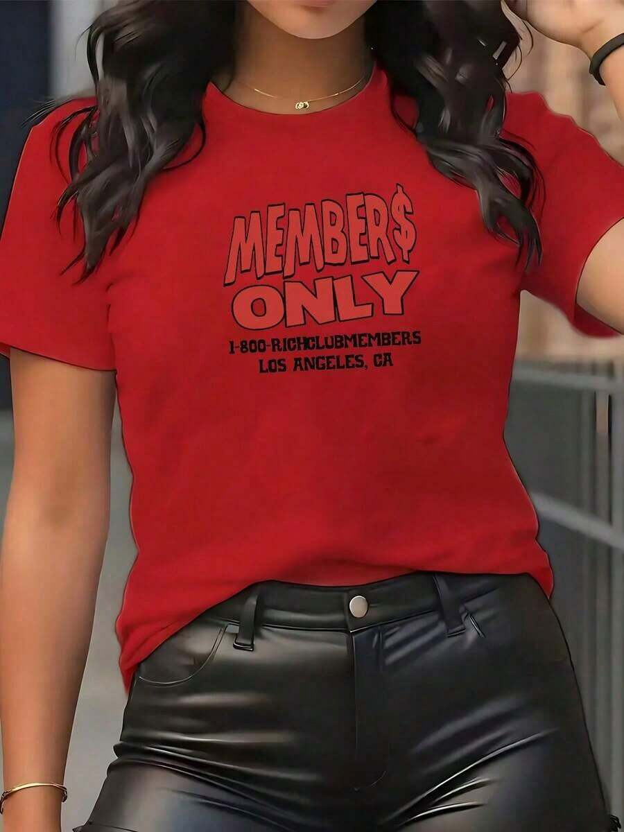 ComfortableLa impresión muestra la frase Member$ Only con letras rojas grandes simbolizando exclusividad empoderamiento y sentido de pertenencia al éxito moderno camisetas de mujer 100% algodón suaves cómodas para un estilo urbano audaz y auténtico ideal para transmitir confianza y actitud positivaFashion All-match Women's Short Sleeve T-shirt, Basic Style for Inner & Outer Wear - Rojo - Ver 1