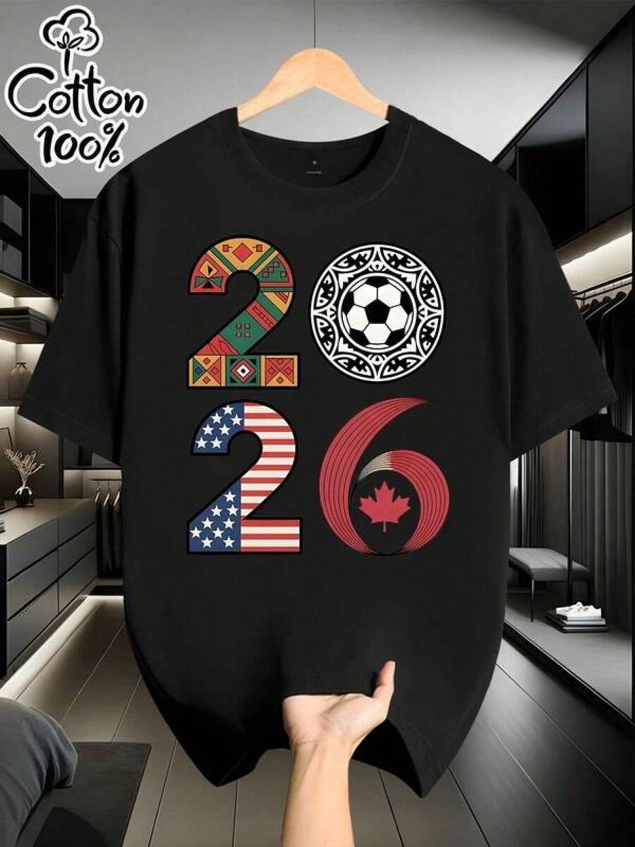 Camiseta de manga corta para hombre de algodón puro con estampado temático "Trofeo de la Copa Mundial ", 100% algodón puro, cómoda e informal, combina perfectamente con los atuendos diarios en primavera y otoño, un excelente regalo de cumpleaños, un regalo para hombres. - Negro - Ver 1