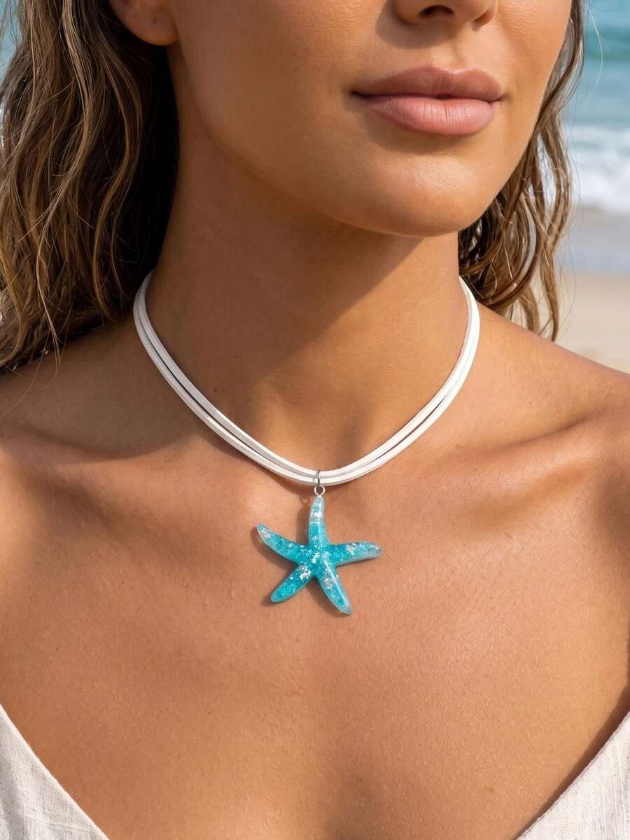 1pc Fashionable Minimalist Resin Starfish Pendant Necklace, Suitable For Daily Wear, Beach, Holiday, Birthday Gift - Baby Blue - View 1