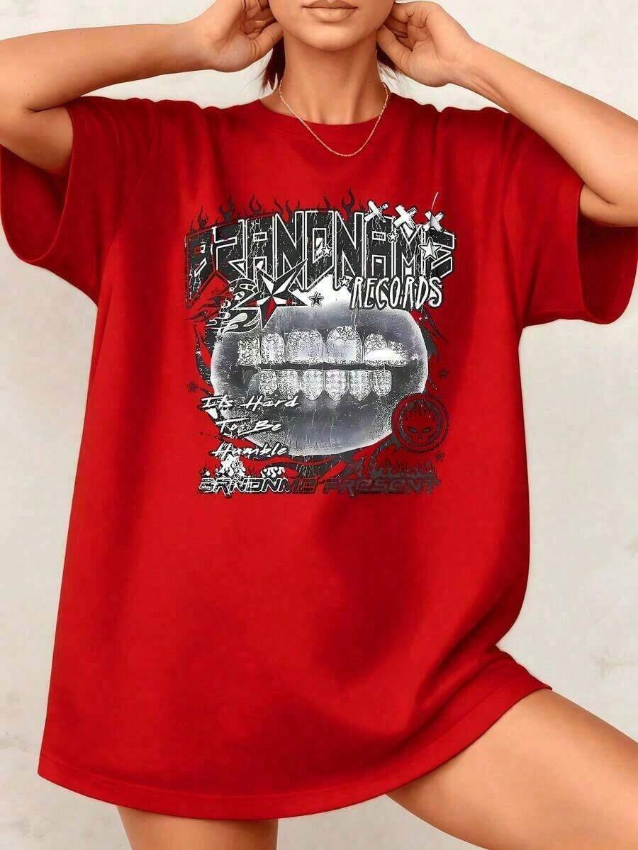 Fashion NEWPlayera Casual Corte Holgado, Camiseta de Mujer con Estampado Gráfico Gótico Records, "Es Difícil Ser Humilde", 100% Algodón, Cuello Redondo, Estilo Moderno, 1 Pieza. Son Excelentes Regalos para Amigos y Familiares. Camiseta para mujer.-Camiseta unisex de algodón holgada de manga corta y cuello redondo estilo vintage urbano. - Rojo - Ver 1