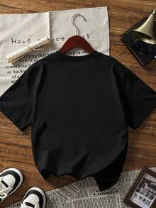 Women's Casual Knitted Short Sleeve Top with Round Neck & Drop Shoulder Regular Length T-Shirt - Negro - Ver 4