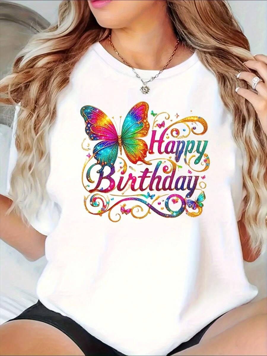 Camiseta de mujer con estampado de mariposas y globos para feliz cumpleaños - Camiseta casual de manga corta y cuello redondo, vibrante y colorida, con la frase "Feliz Cumpleaños", ropa ligera para fiestas de verano, adecuada para celebraciones, fiestas de cumpleaños y como un regalo versátil para uso diario, creando un ambiente festivo. VWX5 - Blanco - Ver 1