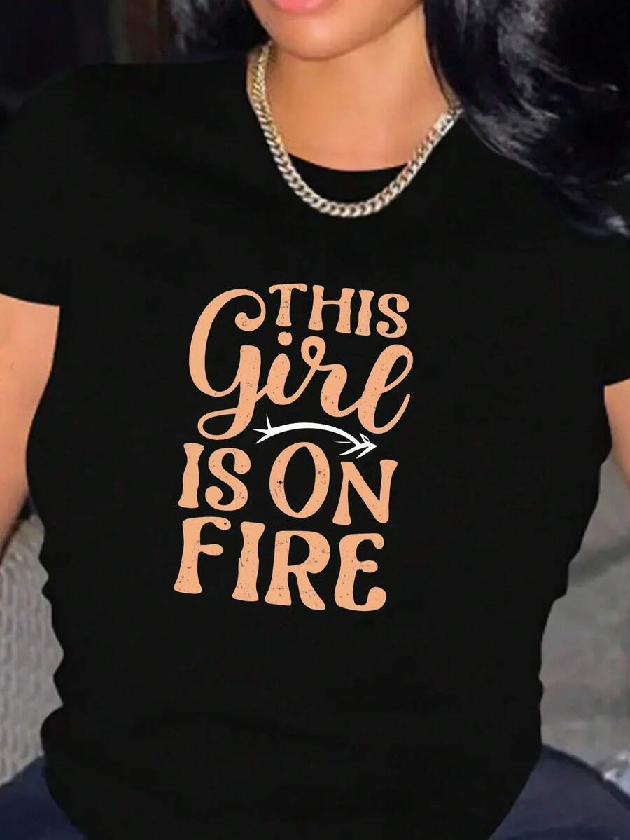 Camiseta de cuello redondo con estampado On Fire, top casual de manga corta para primavera y verano, ropa de mujer, Blusas Para Mujer Casual. - Negro - Ver 1
